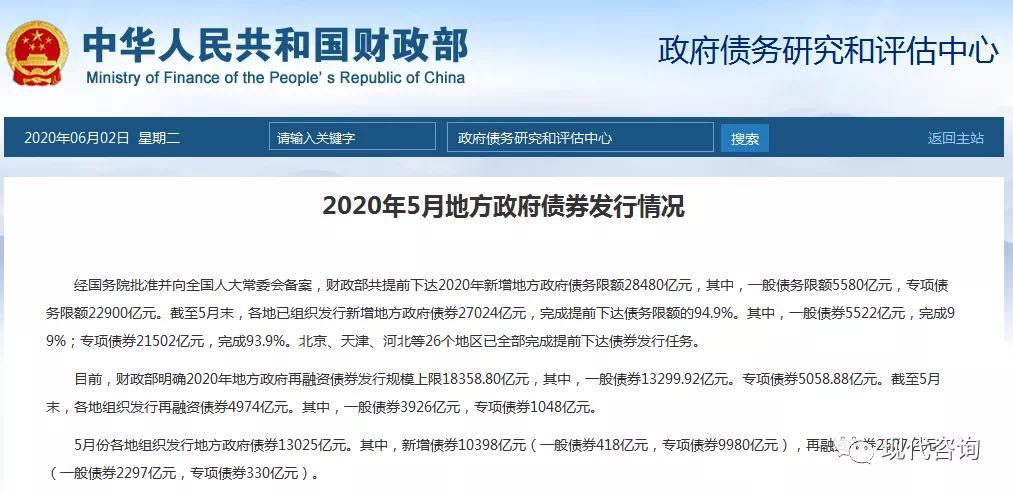 財(cái)政部發(fā)布2020年5月地方政府債券發(fā)行情況